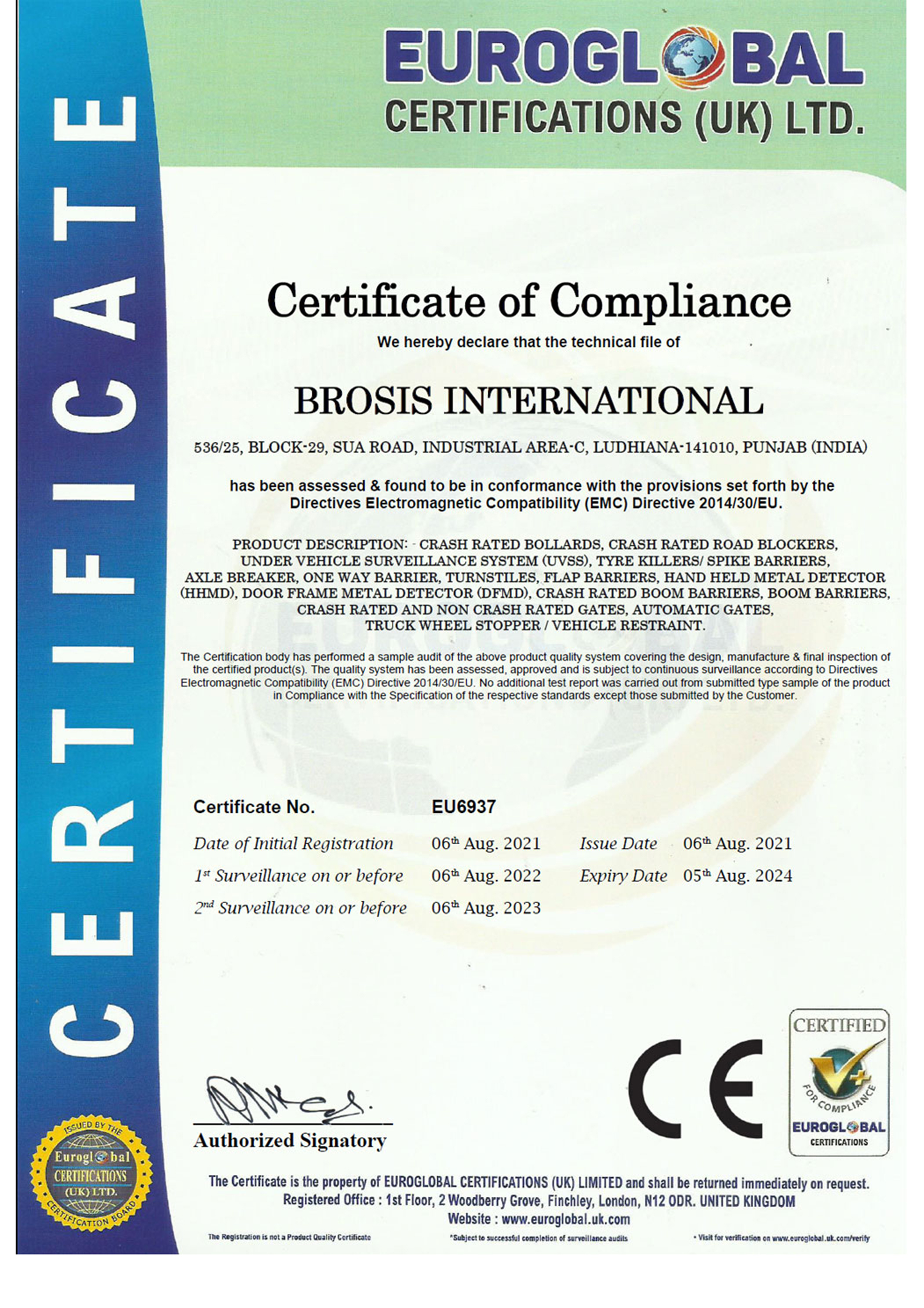 Certifications Brosis International Security Equipments manufacturers exporters in India Ludhiana